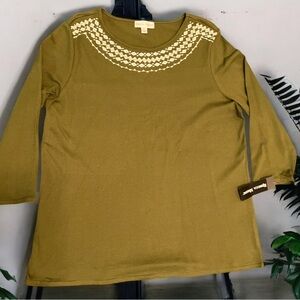 Rebecca Malone Olive Green Embroidered Long Sleeve Top Womens XL Cotton NWT